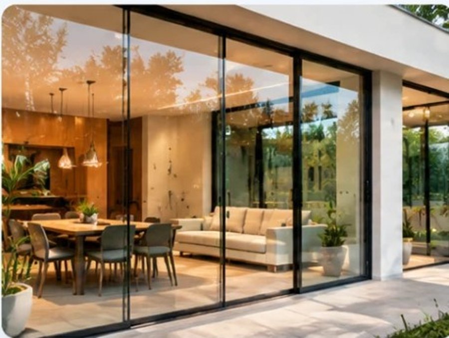 Vidro incolor aplicado em porta de correr ampla de sala integrada ao jardim