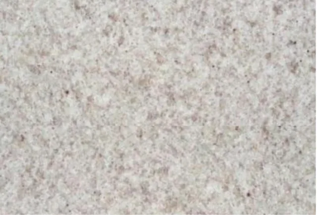 Amostra de granito Branco Itaúnas, fundo cinza-claro com manchas bege