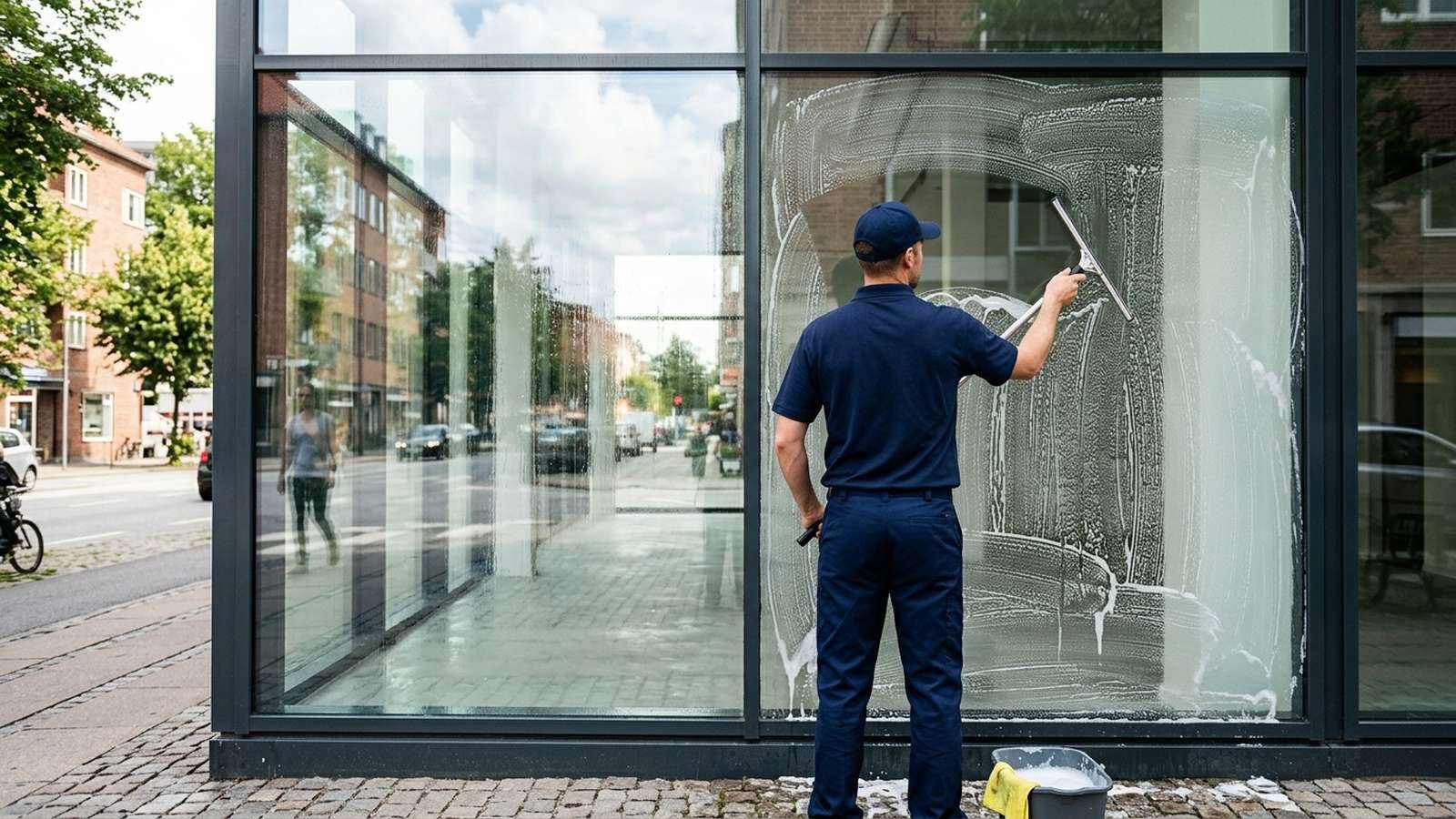 Profissional de costas, de uniforme azul-marinho, limpando com rodo a grande vidraça de uma loja de rua, com metade do vidro limpa e brilhando, imagem ilustrativa