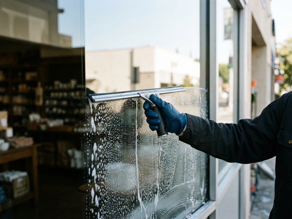 Mão com luva puxando rodo profissional em vitrine de vidro, com metade do vidro já limpa, imagem ilustrativa